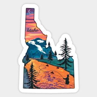 Fly Fishing Idaho State Map Mountain Sunset River Retro Sticker